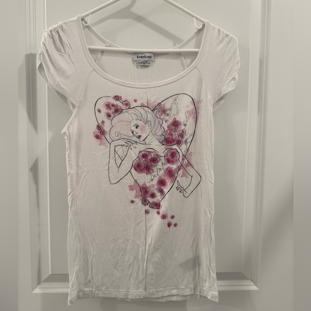 Bebe White Tee with Pink Heart Graphic